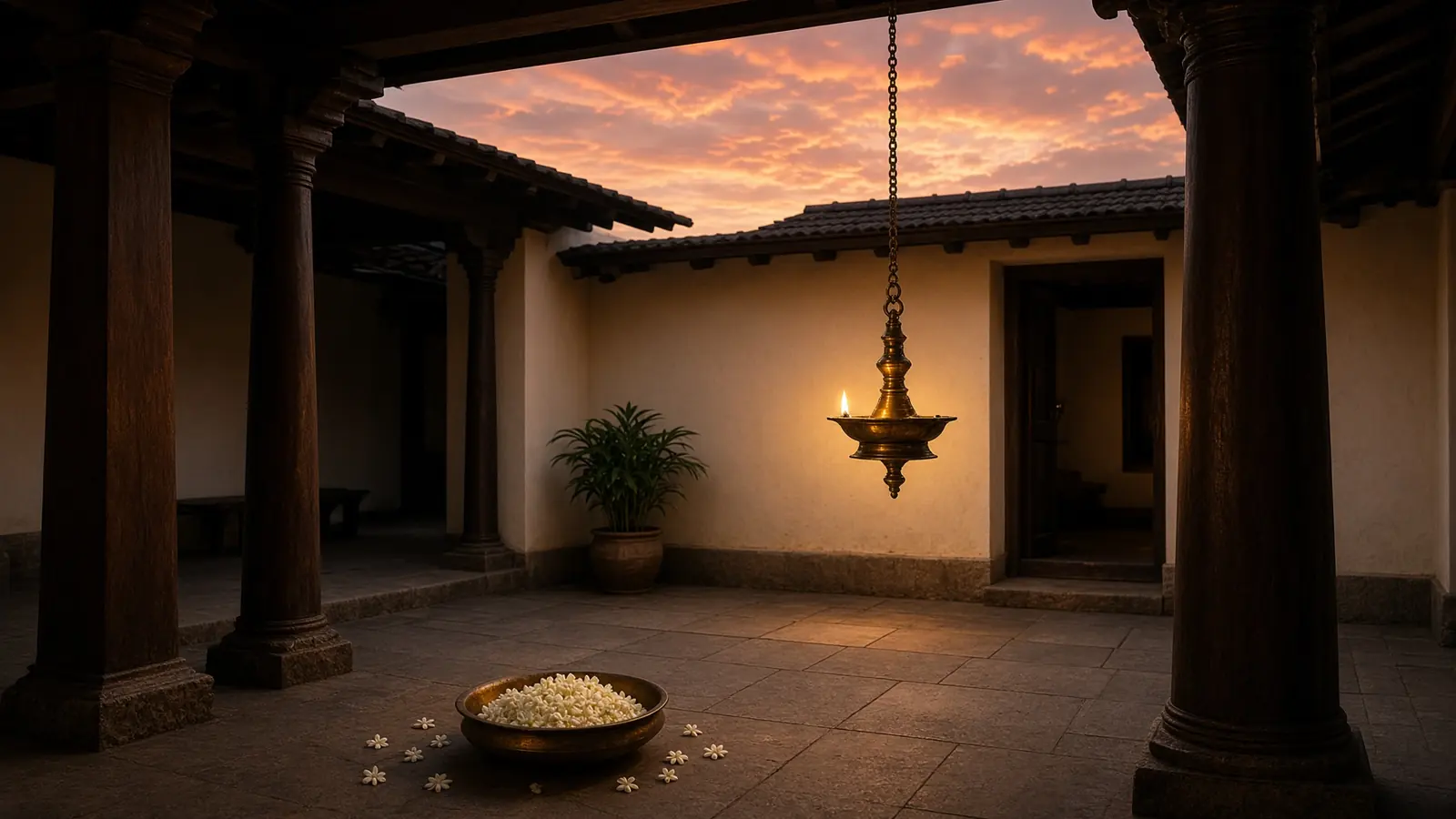 A traditional courtyard at dusk with a single brass lamp