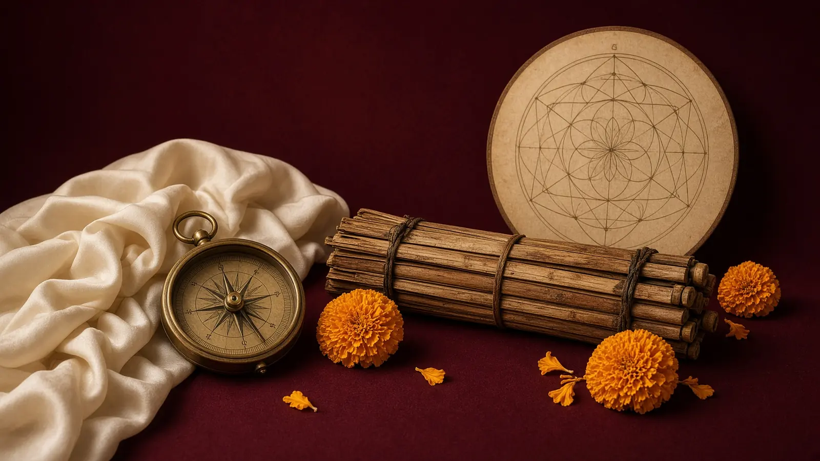 A brass compass and palm-leaf manuscripts on ivory cloth