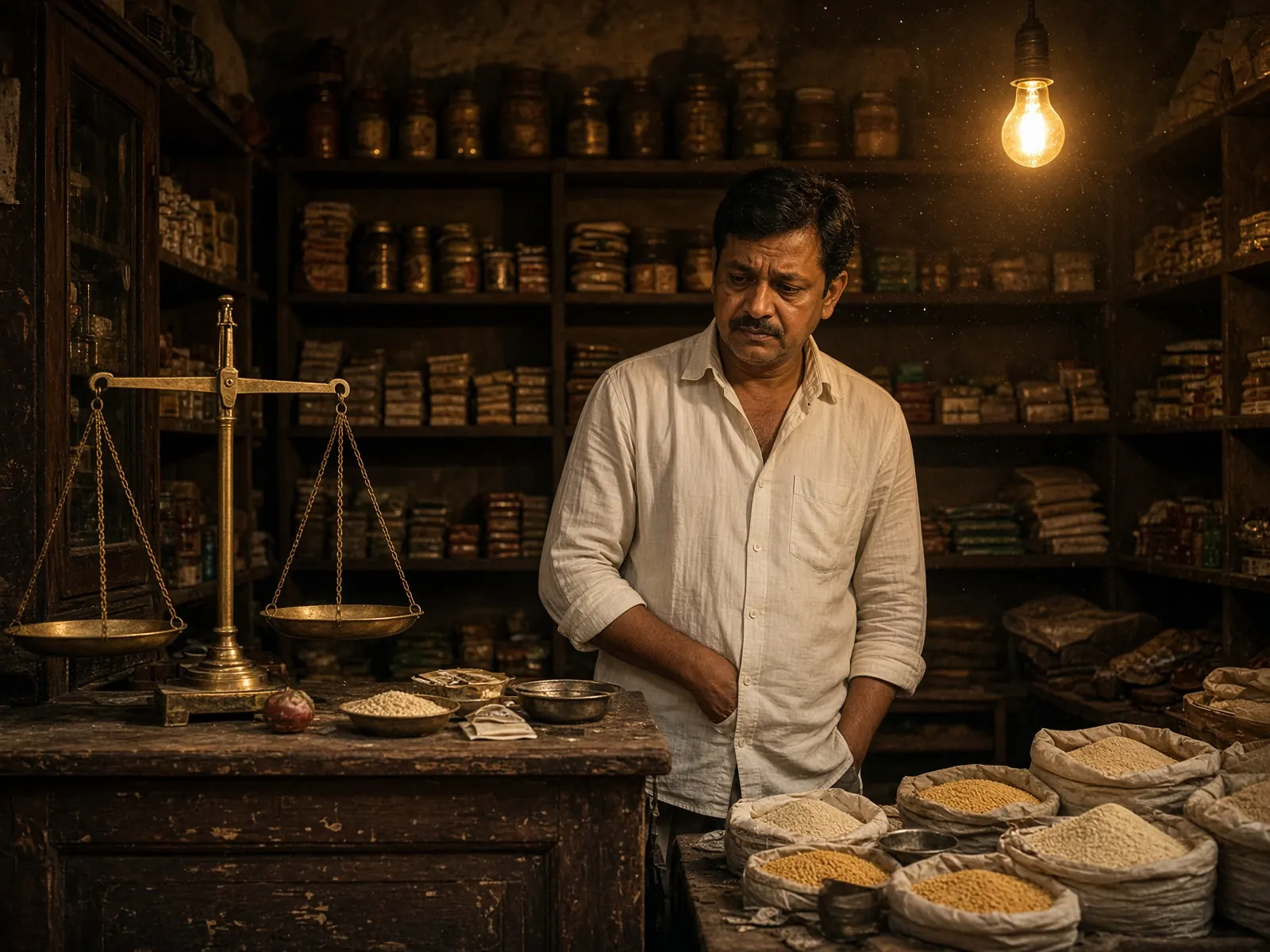 A shopkeeper beside a brass scale in warm light
