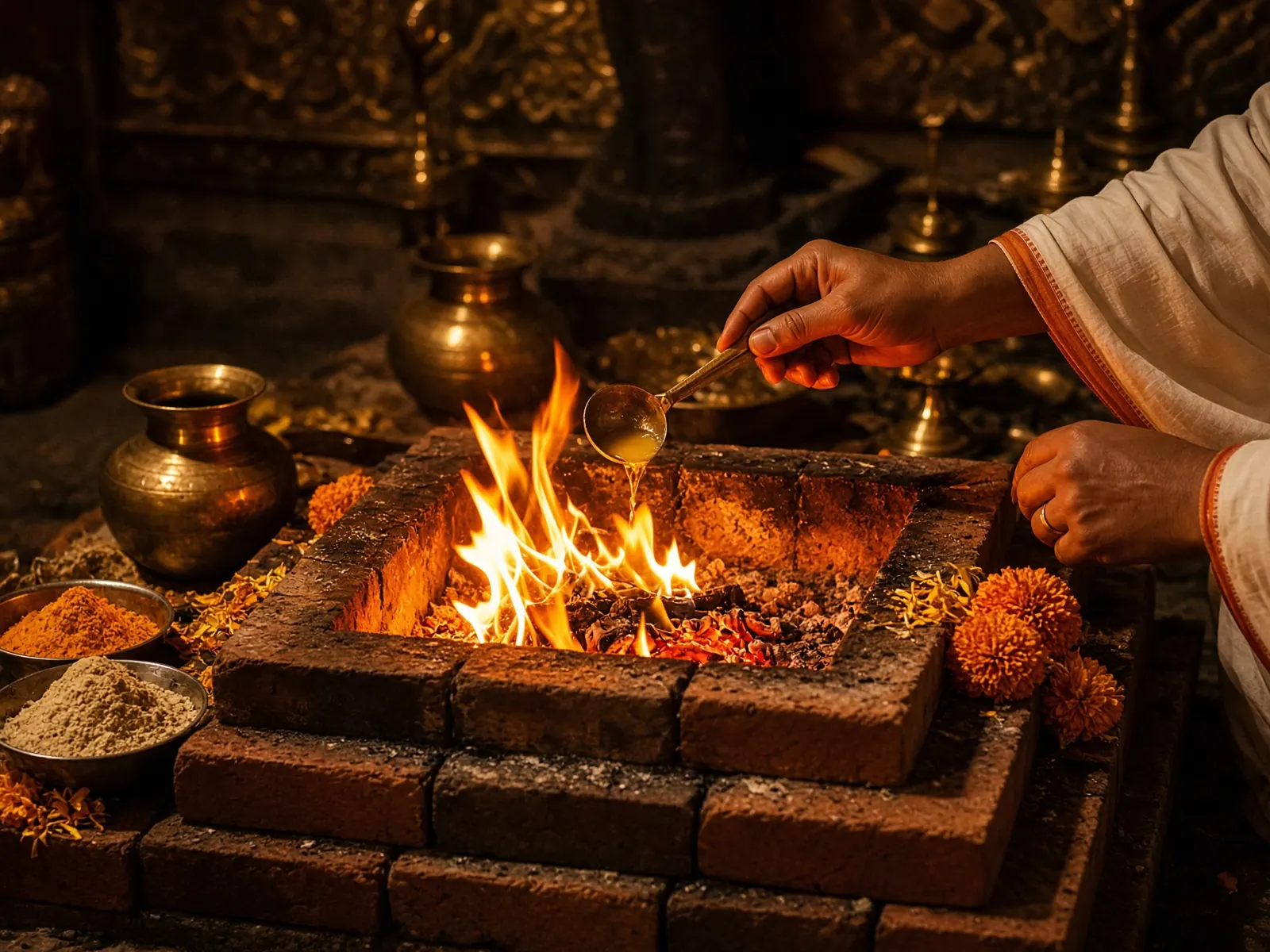 A traditional havan fire with marigolds and brass vessels