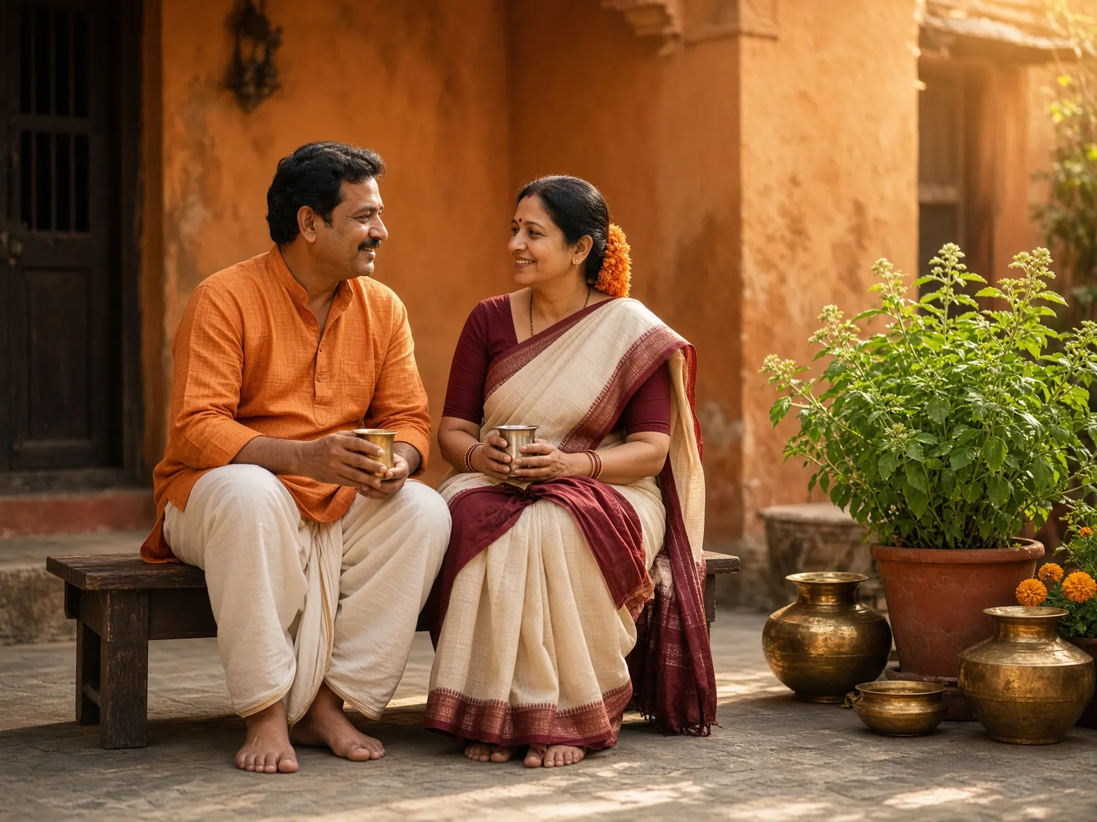 A husband and wife talking in a sunlit courtyard
