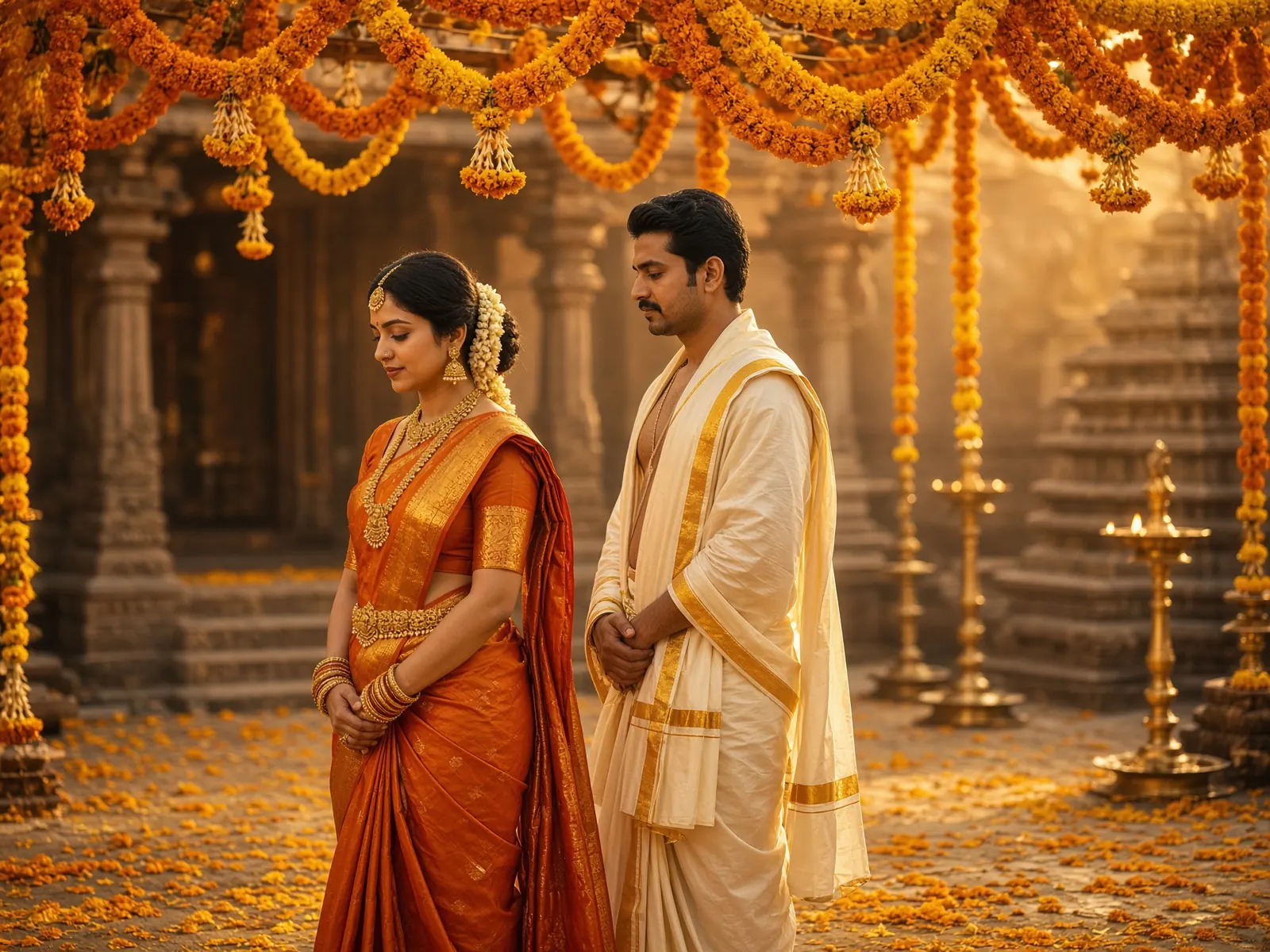 A couple in wedding silk under marigold garlands