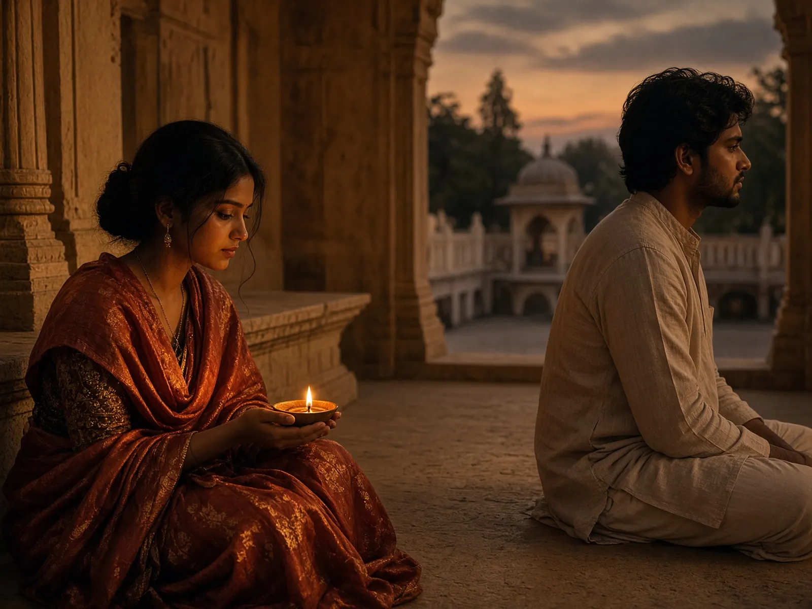 A couple on a lamp-lit verandah at dusk