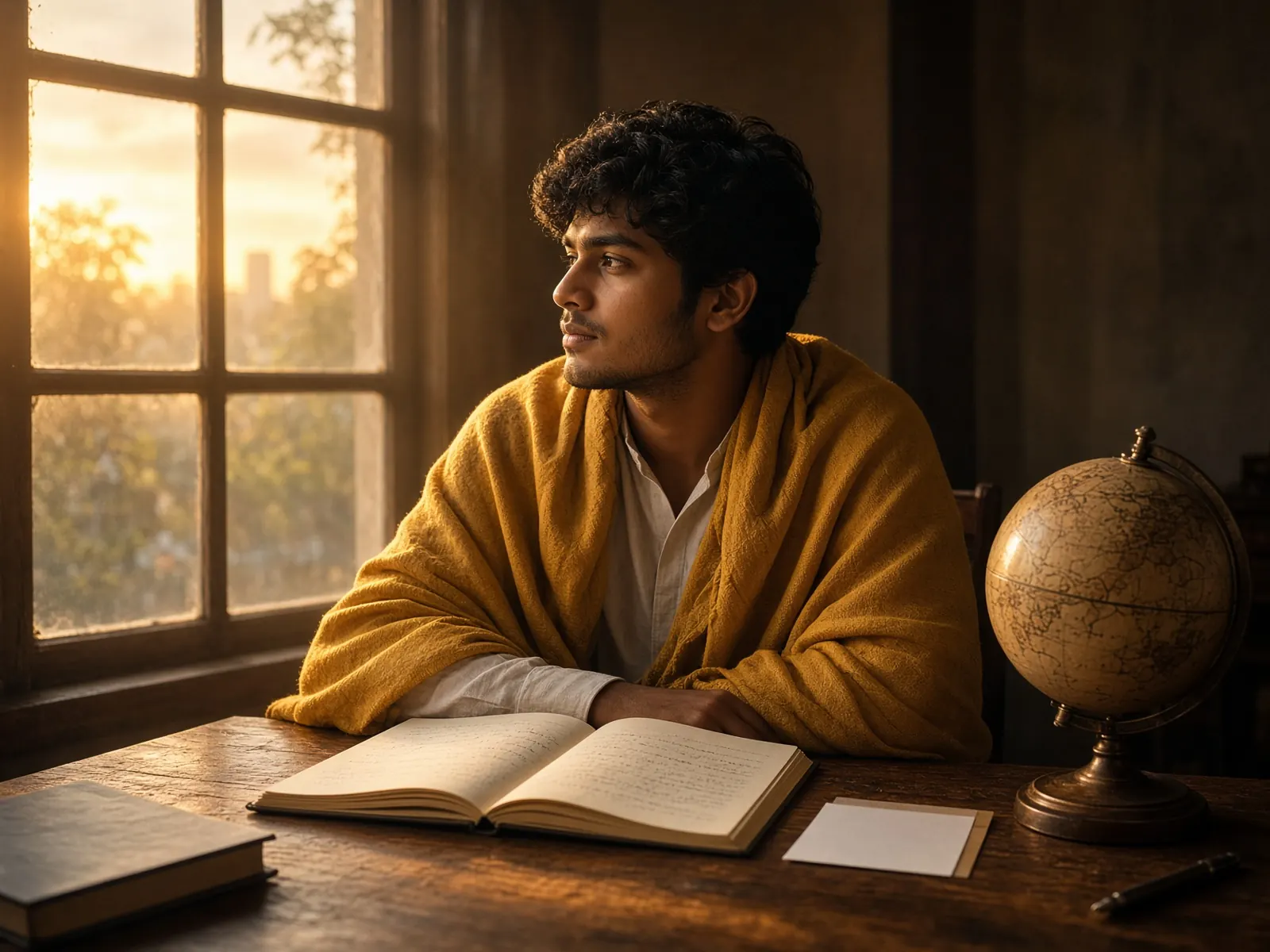 A student at a desk with a globe in morning light